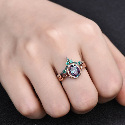 Infinity Alexandrite Engagement Ring Set Emerald Curved Matching Band 2pcs - Anniversary Gift For Her