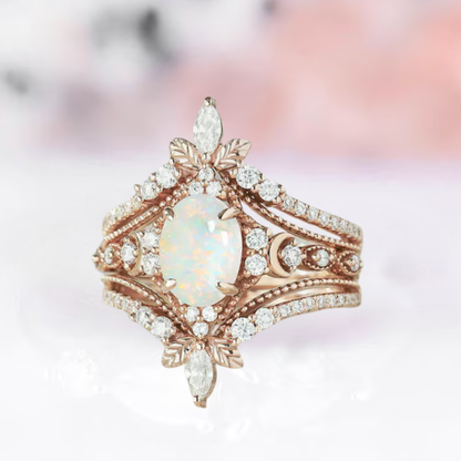 Unique Moon Design Opal Engagement Ring Set in 14k Yellow Gold Vermeil Ring Enhancer Double Curved Wedding Band Fire Opal Ring Set Bridal Ring Set