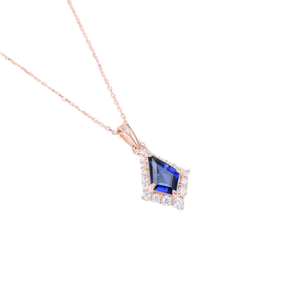 14K Rose Gold Kite Cut Blue Sapphire Necklace Halo Moissanite Pendant