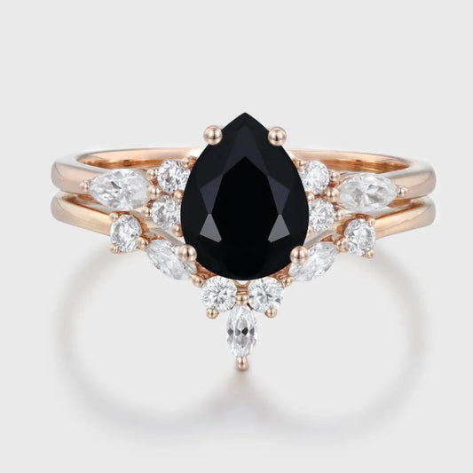 Pear Shaped Black Onyx and Diamond Engagement Ring Set in 14K Rose Gold Finish - Anniversary Gift for Her