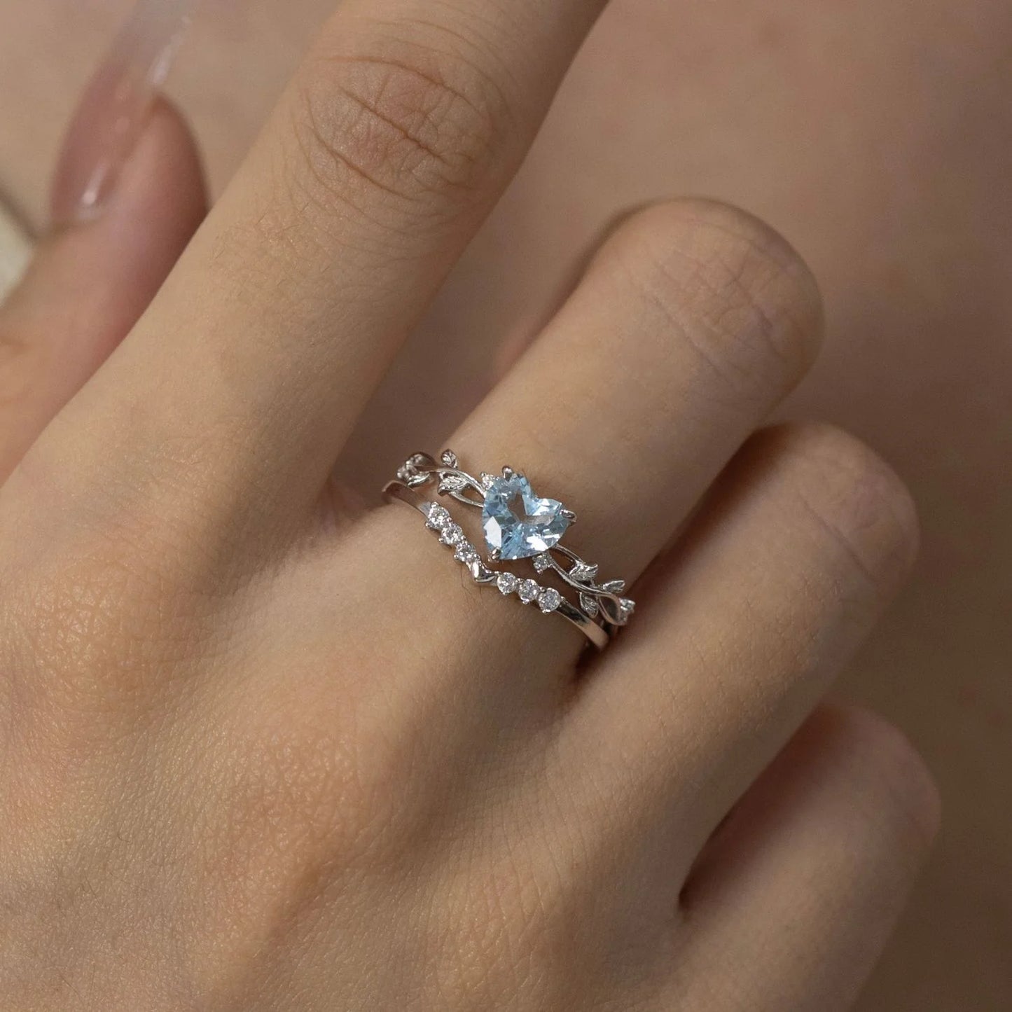 Heart Aquamarine & Diamond Leaf Ring in 925 Sterling Silver Fairy Engagement Ring For Women - Unique Promise Ring Gift For Her