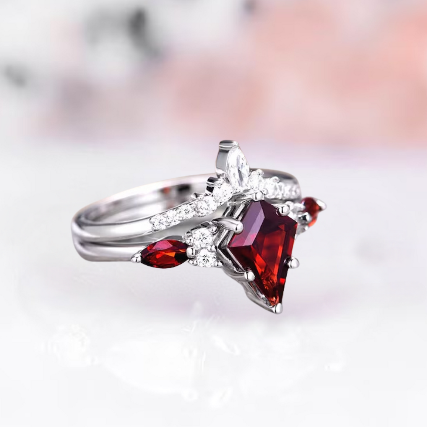 Natural Red Garnet Kite Ring Set in 925 Sterling Silver Engagement Ring For Women - Anniversary Gift Idea For Her