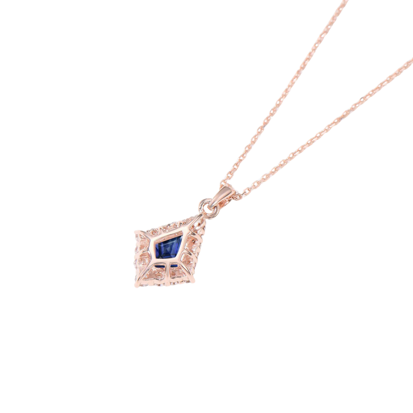 14K Rose Gold Kite Cut Blue Sapphire Necklace Halo Moissanite Pendant