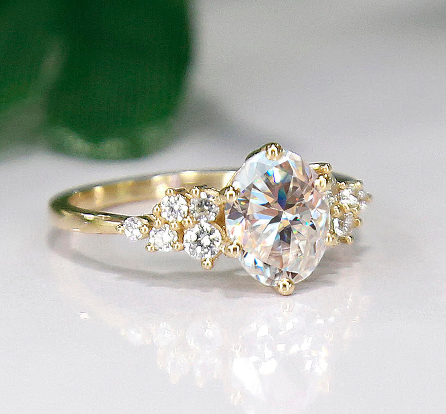 Oval White Topaz Cluster Anniversary Ring in 14K Rose Gold Finish