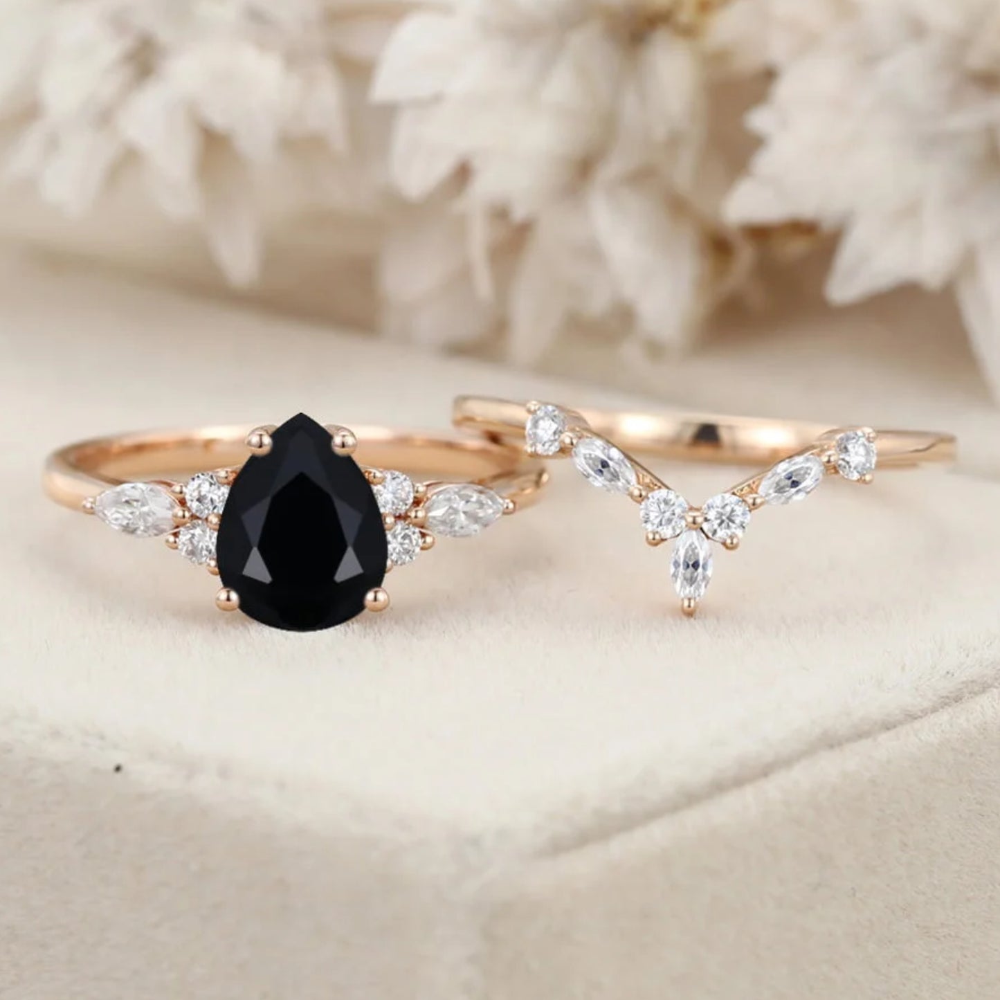 Pear Shaped Black Onyx and Diamond Engagement Ring Set in 14K Rose Gold Finish - Anniversary Gift for Her