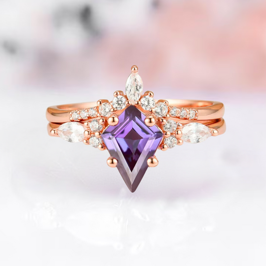 Kite Natural Amethyst Ring Set For Women in 14K Rose Gold Vermeil - Purple Gemstone Engagement Promise Ring - February Birthstone Gift For Her