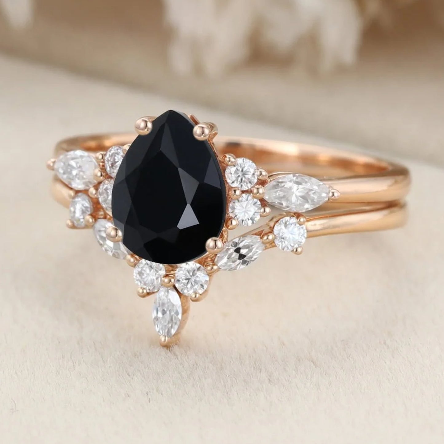 Pear Shaped Black Onyx and Diamond Engagement Ring Set in 14K Rose Gold Finish - Anniversary Gift for Her