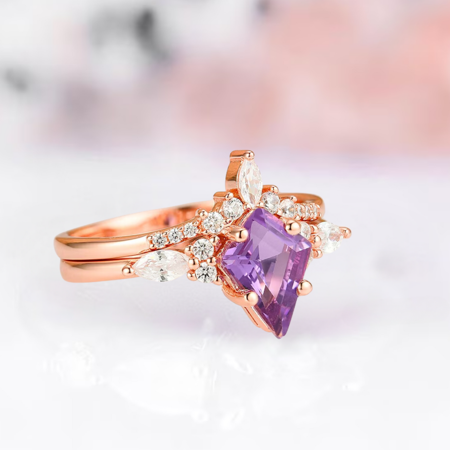 Kite Natural Amethyst Ring Set For Women in 14K Rose Gold Vermeil - Purple Gemstone Engagement Promise Ring - February Birthstone Gift For Her