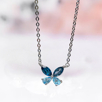 Butterfly Pendant Necklace with LBT and Aquamarine Stones in 925 Sterling Silver - Gift For Her - Elegant Nature Inspired Jewelry