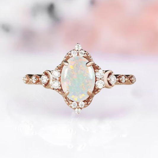 Unique Moon Design Opal Engagement Ring in 14k Rose Gold Vermeil Fire Opal Promise Ring 1pc - October Birthstone