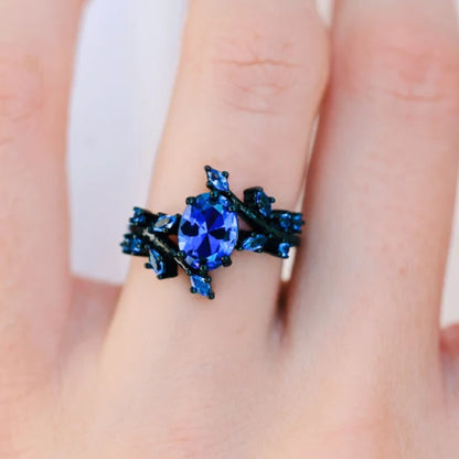 Blue Sapphire Engagement Ring For Women- Black Rhodium Over 925 Sterling Silver Leaf Sapphire Promise Ring