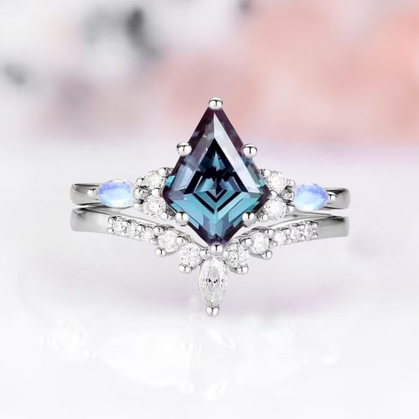 Alexandrite & Moonstone Ring Set in 925 Sterling Silver Kite Engagement Rings For Women - Color Changing Gemstone Ring - June Birthstone