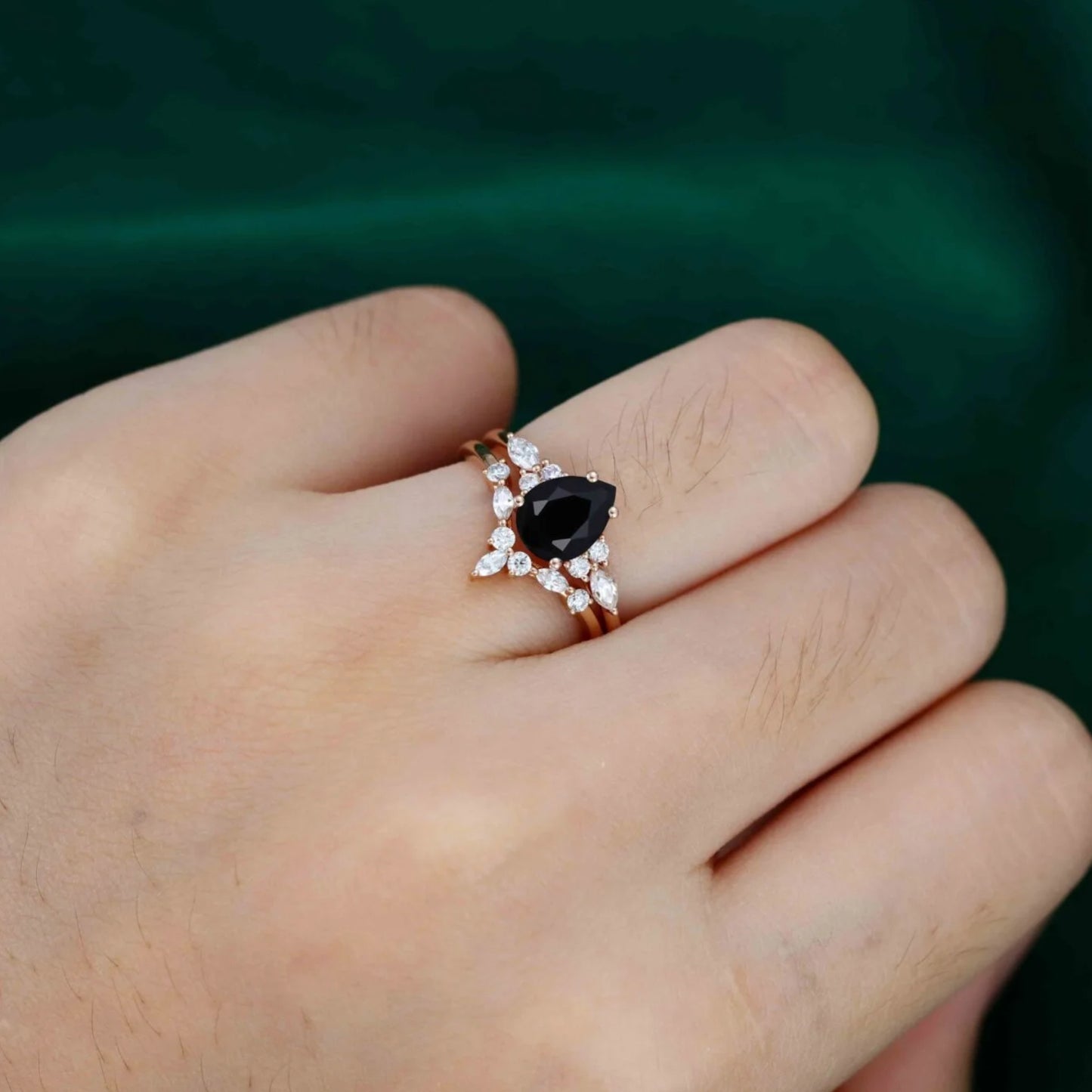 Pear Shaped Black Onyx and Diamond Engagement Ring Set in 14K Rose Gold Finish - Anniversary Gift for Her