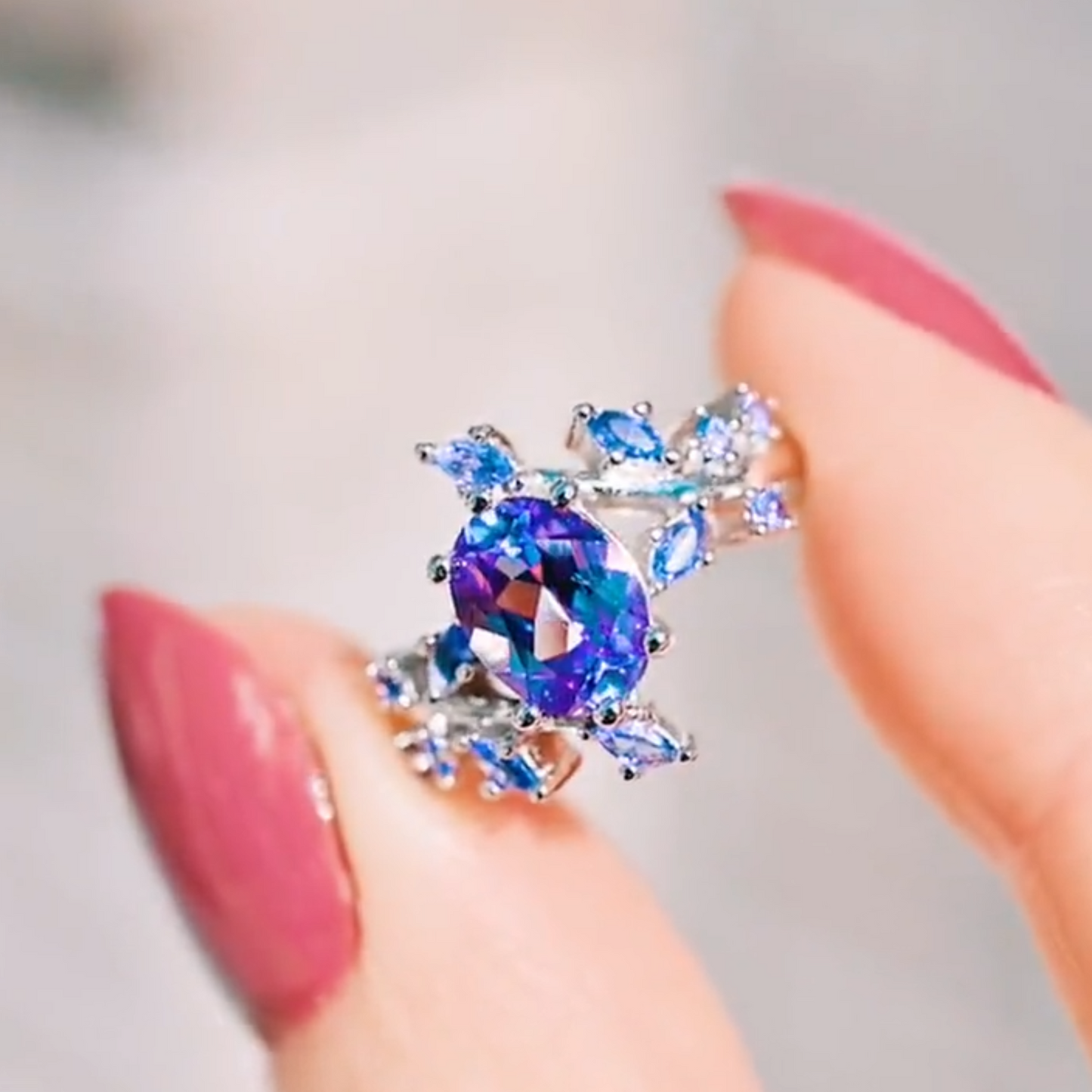 Alexandrite & Sapphire Engagement Ring For Women in 925 Sterling Silver Fairy Leaf Promise Ring -  September & June Birthstone