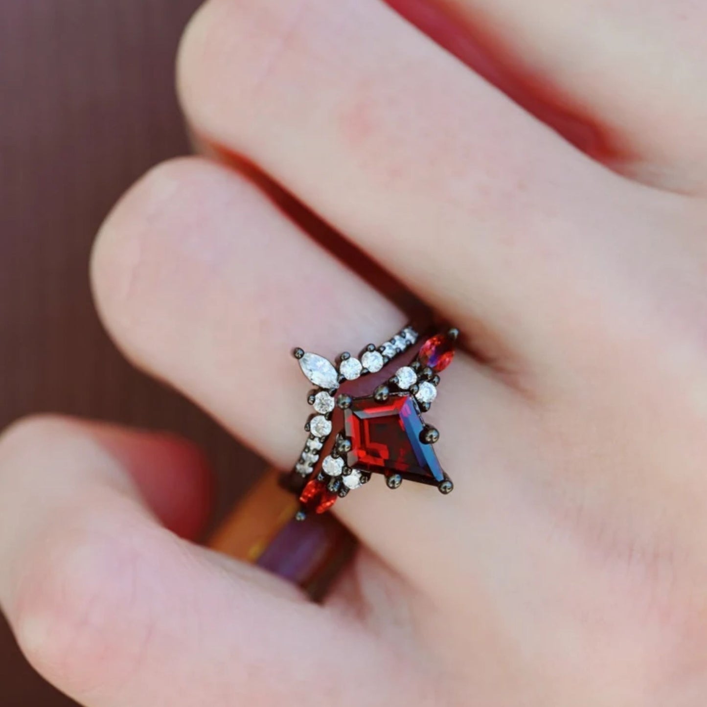 Natural Red Garnet Kite Ring Set- Black Filled Sterling Silver Engagement Ring For Woman - Promise Ring For Her