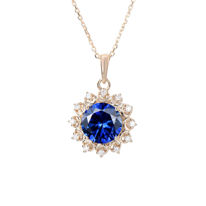 2CT Round Blue Sapphire Diamond Necklace in 14K Yellow Gold Finish - Moon Necklace