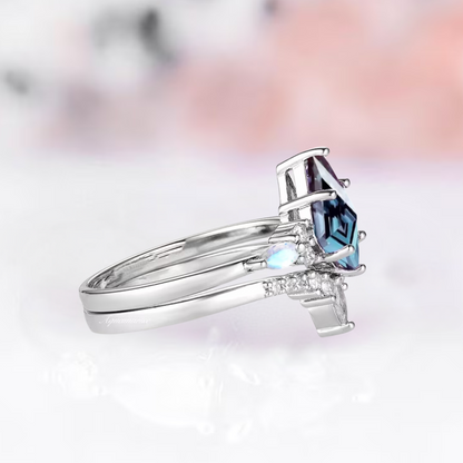 Alexandrite & Moonstone Ring Set in 925 Sterling Silver Kite Engagement Rings For Women - Color Changing Gemstone Ring - June Birthstone