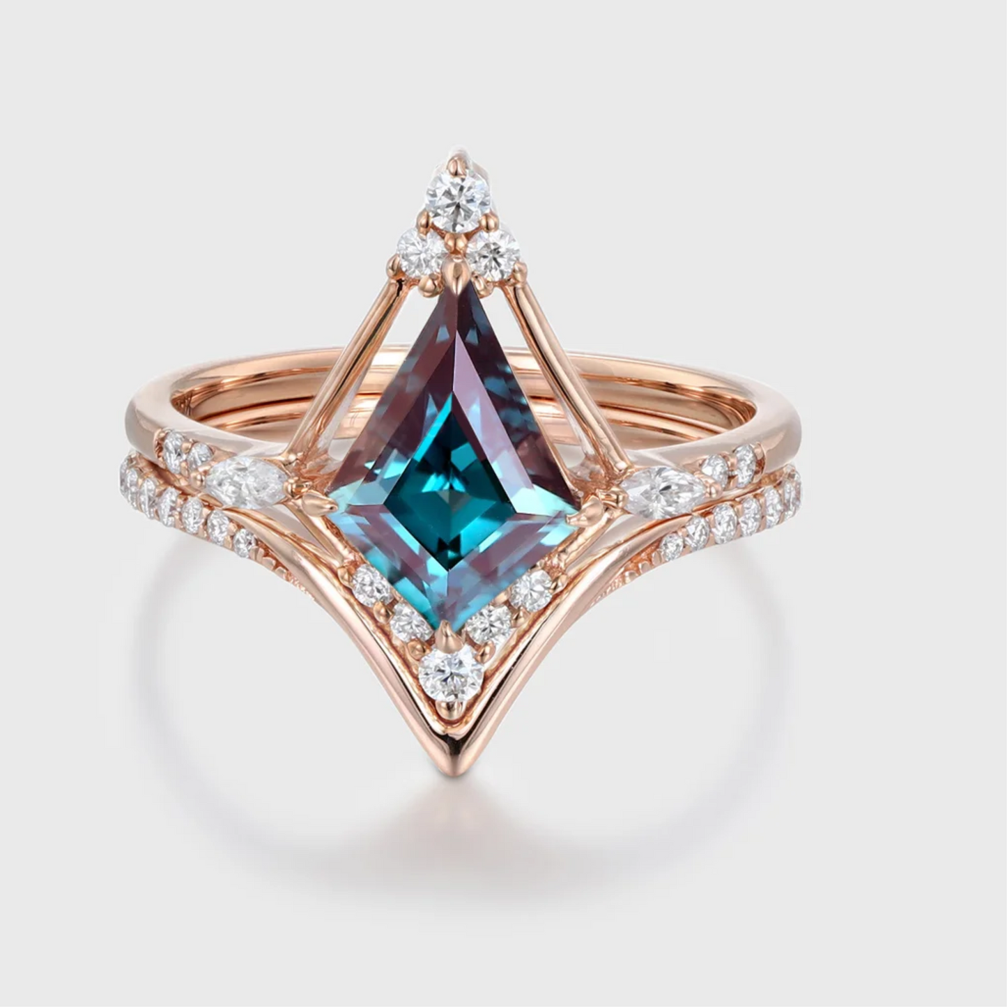 10x7mm Kite Cut Alexandrite Engagement Ring Set in 14k Rose Gold Finish - Christmas Gift For Her