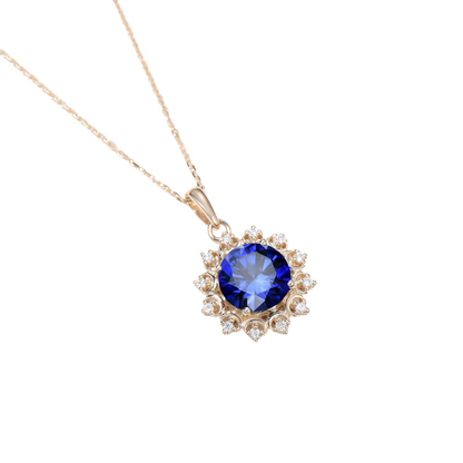 2CT Round Blue Sapphire Diamond Necklace in 14K Yellow Gold Finish - Moon Necklace