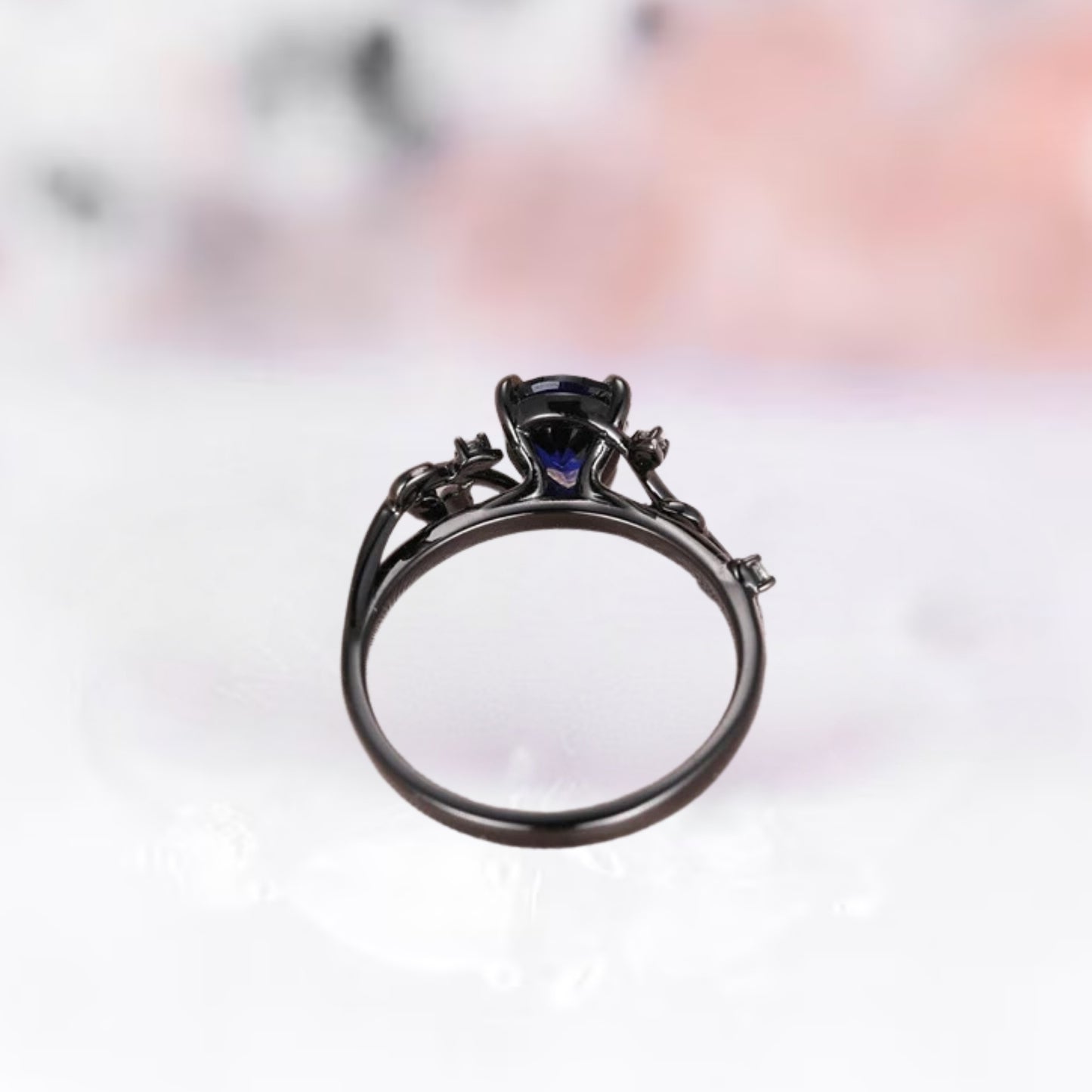 Blue Sapphire Pear Shaped Leaf Engagement Ring in 925 Silver with Black Rhodium - Promise Ring