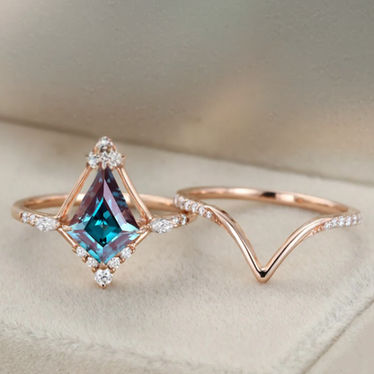 10x7mm Kite Cut Alexandrite Engagement Ring Set in 14k Rose Gold Finish - Christmas Gift For Her