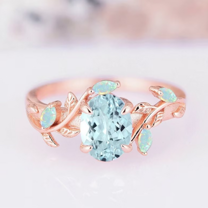 Aquamarine & Opal Leaf Engagement Ring For Woman in 14K Rose Gold Vermeil Aquamarine Promise Ring - March Birthstone