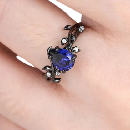 Blue Sapphire Pear Shaped Leaf Engagement Ring in 925 Silver with Black Rhodium - Promise Ring