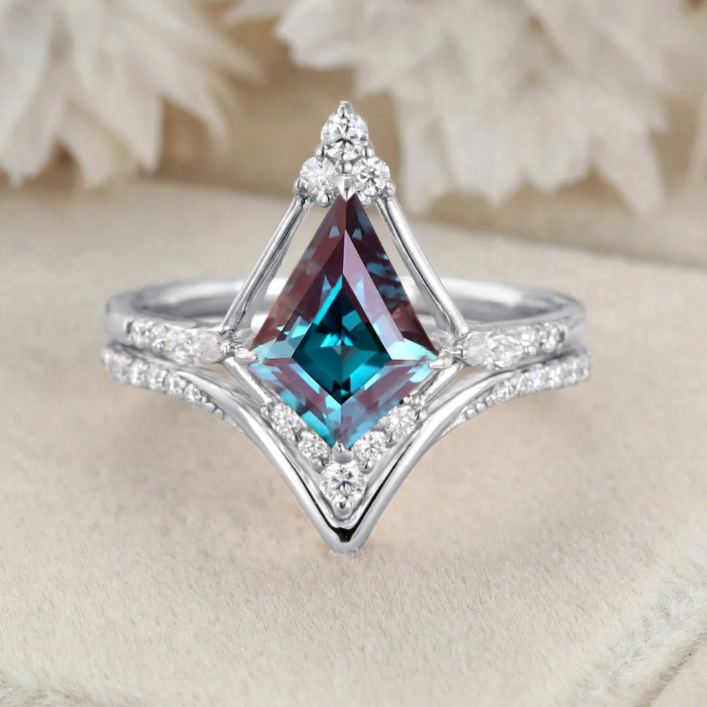 10x7mm Kite Cut Alexandrite Engagement Ring Set in 14k Rose Gold Finish - Christmas Gift For Her