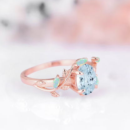 Aquamarine & Opal Leaf Engagement Ring For Woman in 14K Rose Gold Vermeil Aquamarine Promise Ring - March Birthstone