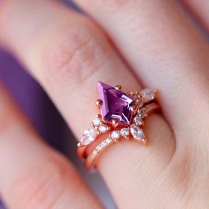 Kite Natural Amethyst Ring Set For Women in 14K Rose Gold Vermeil - Purple Gemstone Engagement Promise Ring - February Birthstone Gift For Her