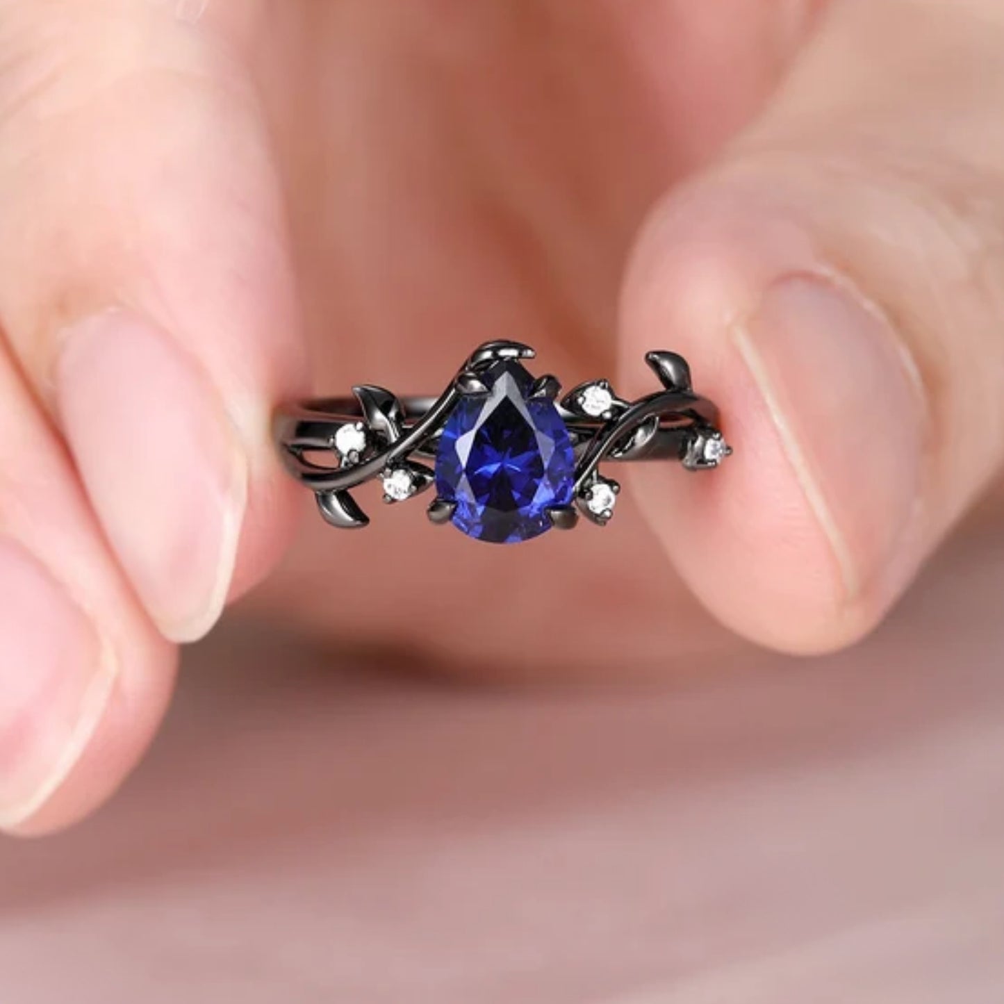 Blue Sapphire Pear Shaped Leaf Engagement Ring in 925 Silver with Black Rhodium - Promise Ring