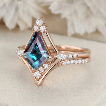 10x7mm Kite Cut Alexandrite Engagement Ring Set in 14k Rose Gold Finish - Christmas Gift For Her