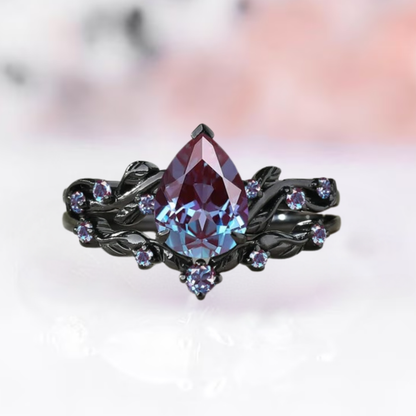 Pear Shape Alexandrite Engagement Ring Set Black Rhodium on 925 Sterling Silver Leaf Floral Alexandrite Wedding Band Gothic Ring Bridal Set