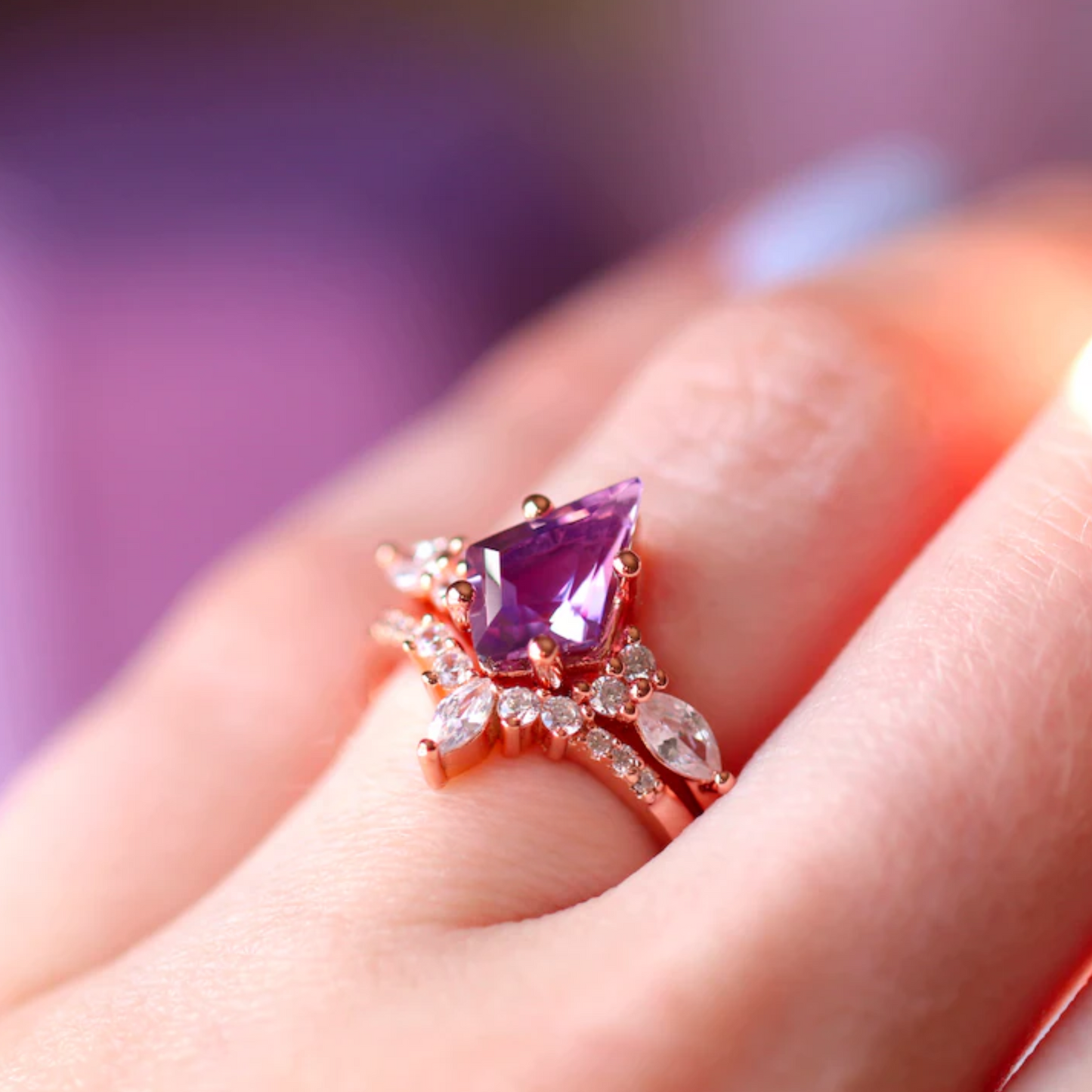 Kite Natural Amethyst Ring Set For Women in 14K Rose Gold Vermeil - Purple Gemstone Engagement Promise Ring - February Birthstone Gift For Her