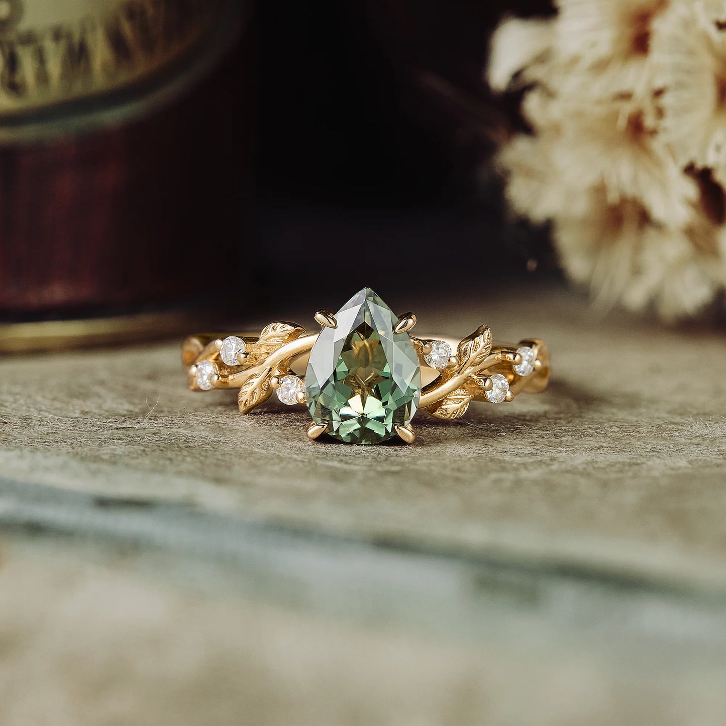 Green Sapphire Leaf Engagement Ring in 18K Yellow Gold Vermeil Fantasy Inspired Promise Ring