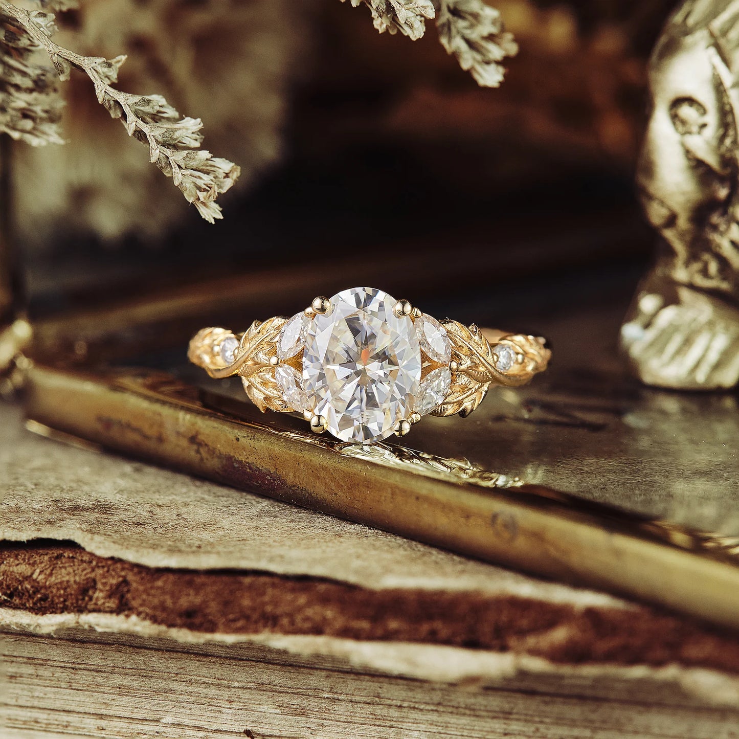 Crossed Leaf Diamond Engagement Ring in 18K Yellow Gold Vermeil Nature Inspired Leaf Ring