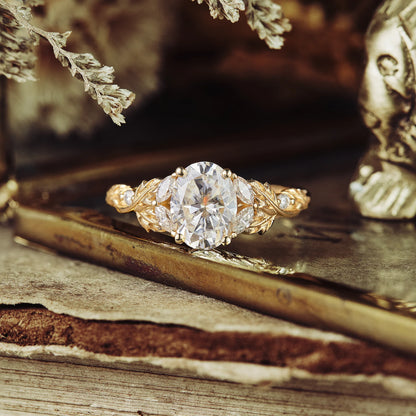 Crossed Leaf Diamond Engagement Ring in 18K Yellow Gold Vermeil Nature Inspired Leaf Ring