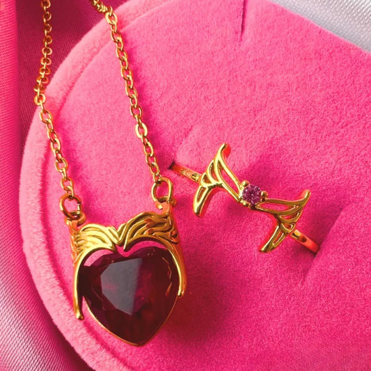 Red Heart Necklace - Witch Crown Inspired Necklace in 14k Yellow Gold Vermeil - Witch Ring - Christmas Gift for Her - Magical Jewelry