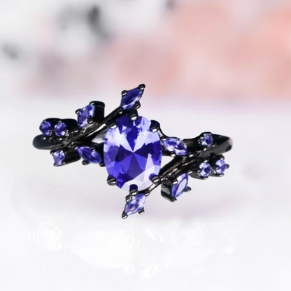 Blue Sapphire Engagement Ring For Women- Black Rhodium Over 925 Sterling Silver Leaf Sapphire Promise Ring