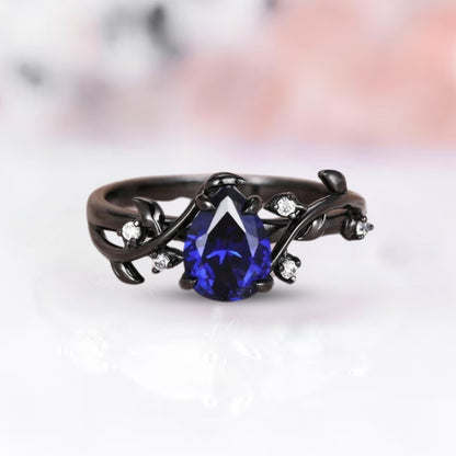 Blue Sapphire Pear Shaped Leaf Engagement Ring in 925 Silver with Black Rhodium - Promise Ring