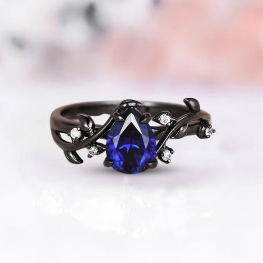 Blue Sapphire Pear Shaped Leaf Engagement Ring in 925 Silver with Black Rhodium - Promise Ring