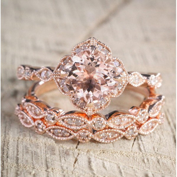2 ct Morganite and Diamond Trio Wedding Bridal Ring Set in 14k Rose Gold Vermeil - Art Deco Engagement Ring Set Twisted Bridal anniversary ring