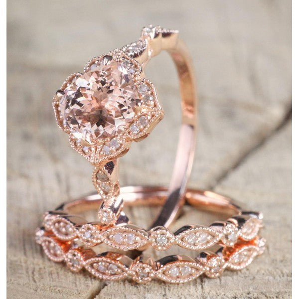 2 ct Morganite and Diamond Trio Wedding Bridal Ring Set in 14k Rose Gold Vermeil - Art Deco Engagement Ring Set Twisted Bridal anniversary ring
