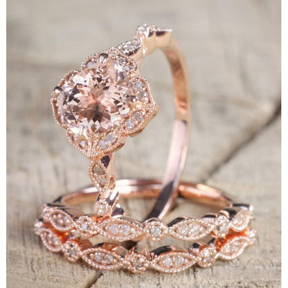 2 ct Morganite and Diamond Trio Wedding Bridal Ring Set in 14k Rose Gold Vermeil - Art Deco Engagement Ring Set Twisted Bridal anniversary ring