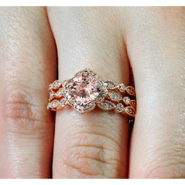 2 ct Morganite and Diamond Trio Wedding Bridal Ring Set in 14k Rose Gold Vermeil - Art Deco Engagement Ring Set Twisted Bridal anniversary ring