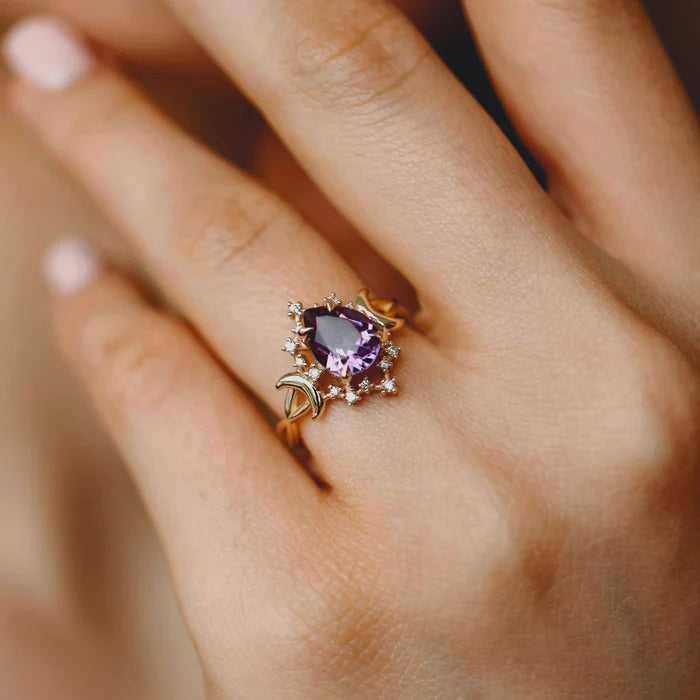 Pear Cut Amethyst Alice Star & Moon Magic Engagement Ring in 14k Yellow Gold Vermeil - Gift For Her