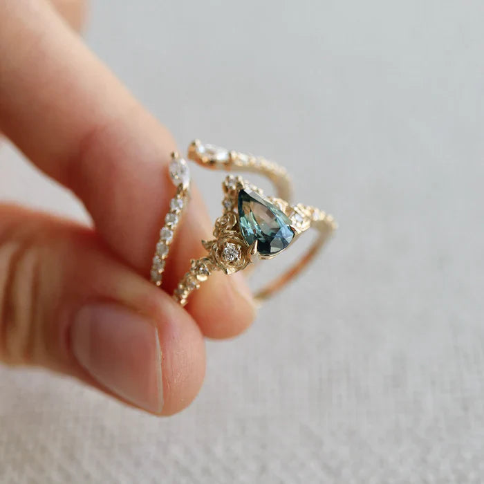 Pear Cut Teal Sapphire Blossom Rose & Dancing Swan Engagement Ring Set in 925 Sterling Silver - Gift For Her