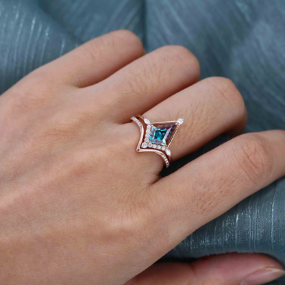 10x7mm Kite Cut Alexandrite Engagement Ring Set in 14k Rose Gold Finish - Christmas Gift For Her