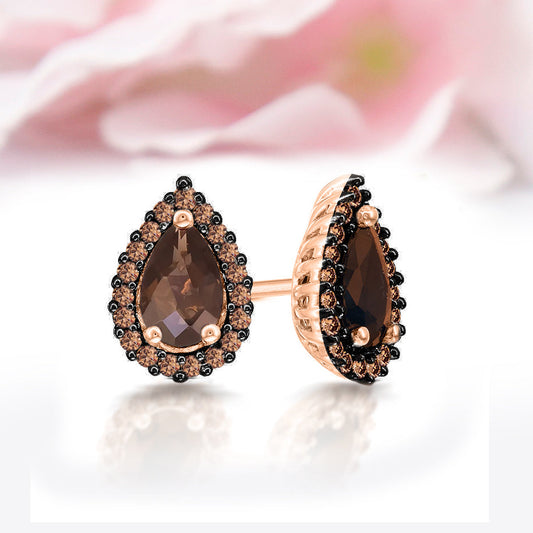 Pear Brown Diamond Halo Stud Earring in 14K Rose Gold Finish