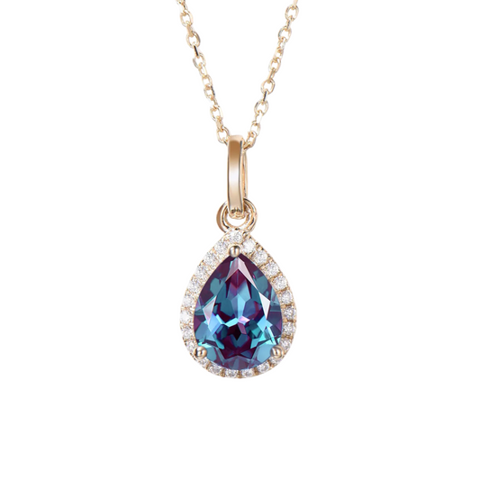 Pear Shaped Alexandrite Halo Diamond Pendant Necklace 18"14K Yellow Gold Finish